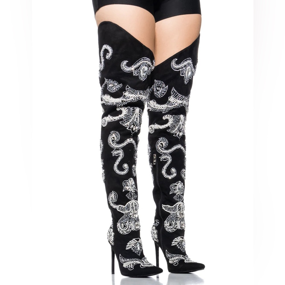 AZALEA WANG EMMETT BEADED EMBELLISHED THIGH HIGH WESTERN BOOT IN BLACK